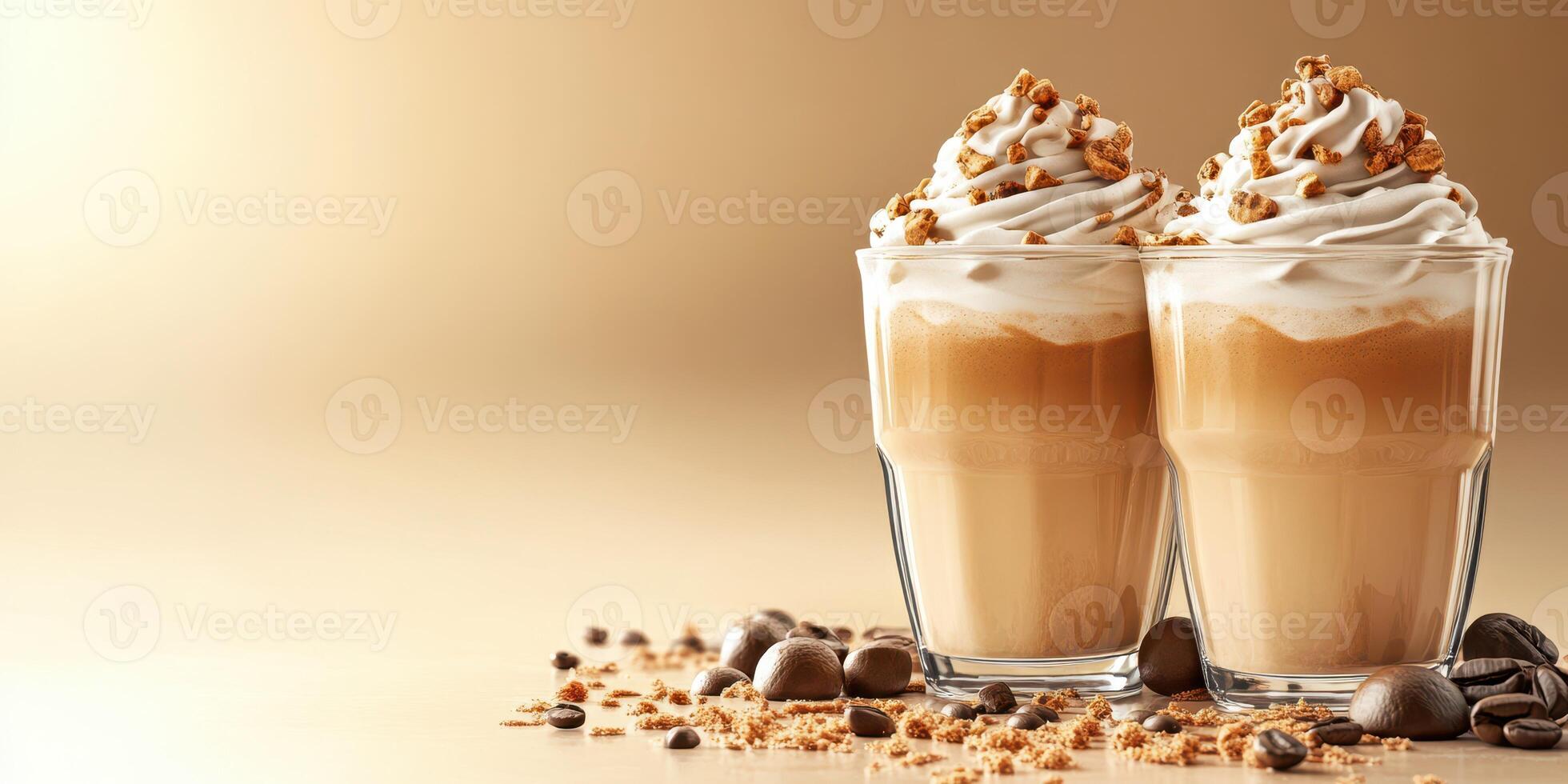 Delicious chilled coffee drinks topped with whipped cream and crushed cookies on a light background photo