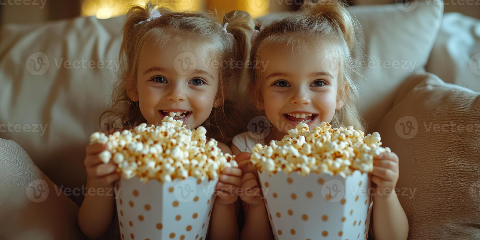 Two smiling girls enjoying popcorn together on a cozy couch in a warm living room during a family movie night photo