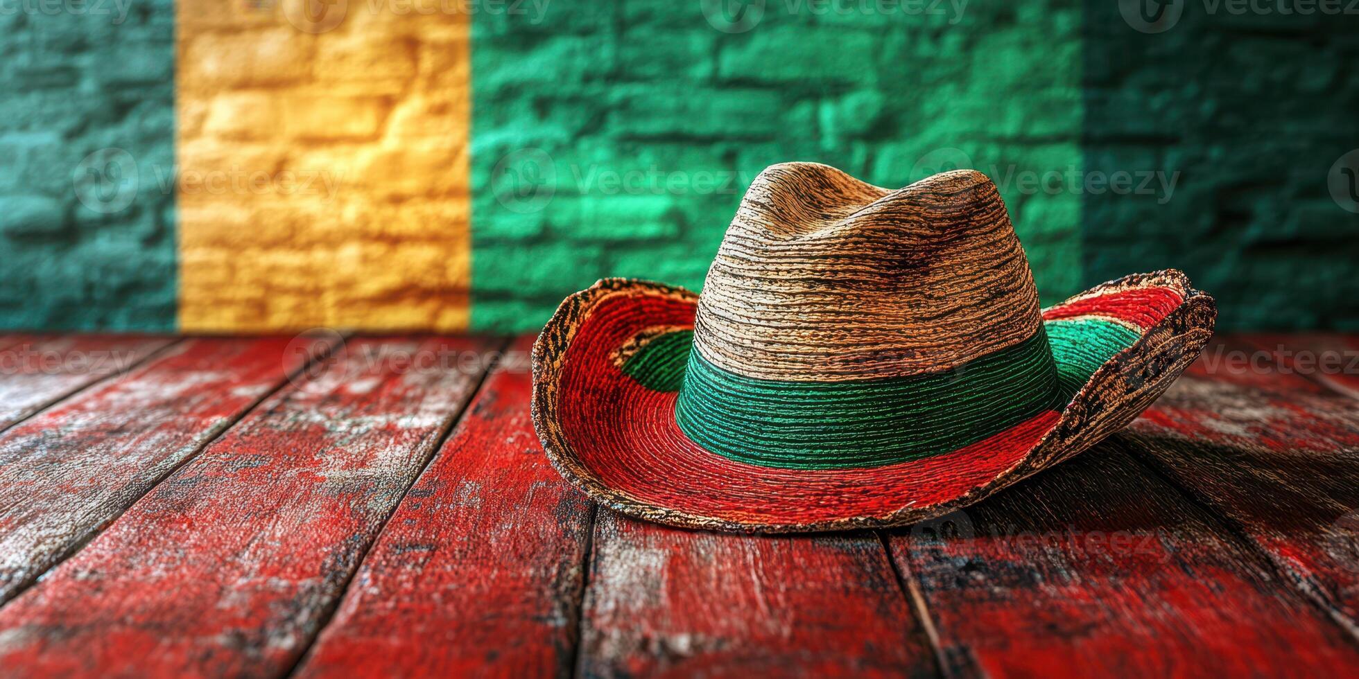 Rustic hat placed on a vibrant wooden table against a colorful wall with distinctive stripes photo