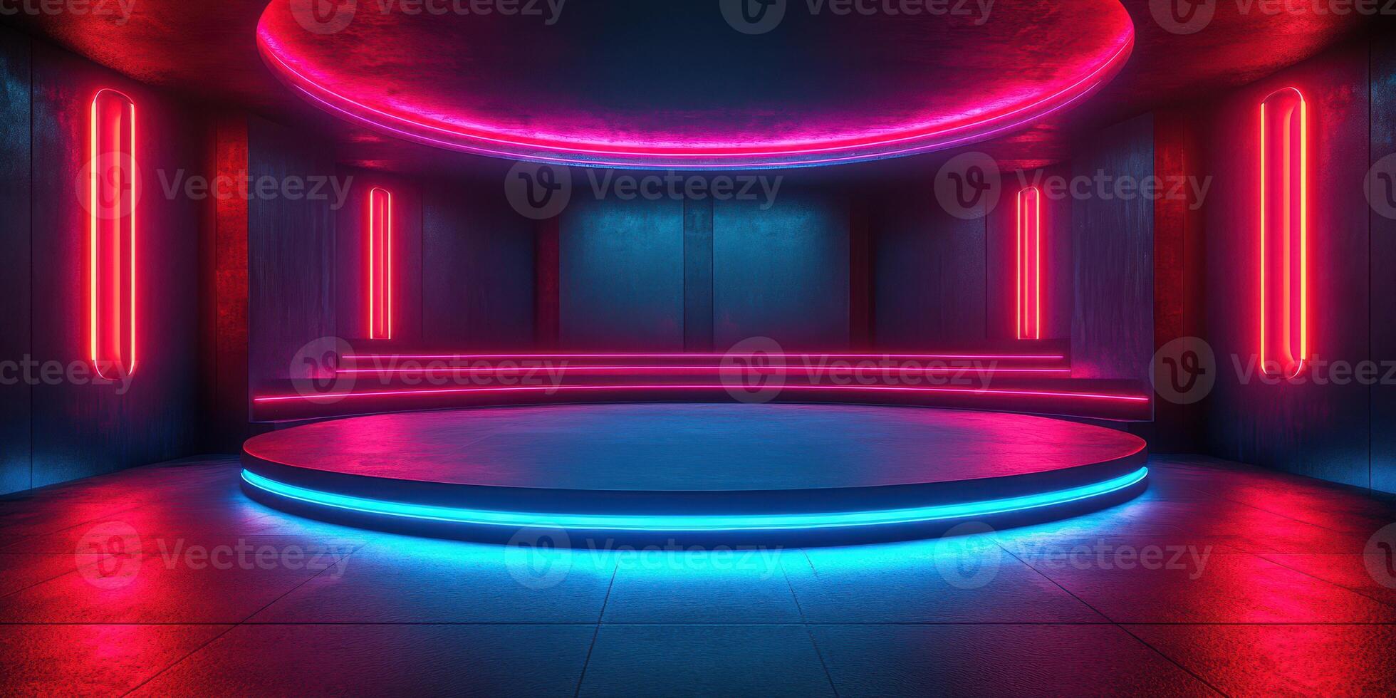 Vibrant neon-lit performance stage with colorful lighting and circular design in an urban setting photo