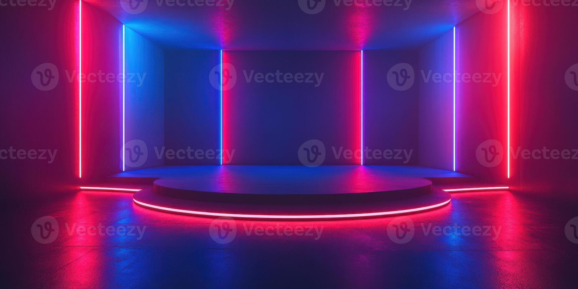Vibrant neon light stage with blue and pink illumination in a modern urban setting photo