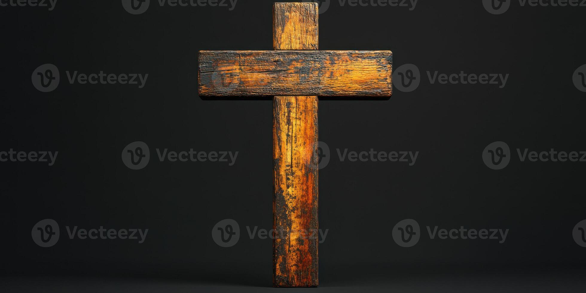 Rustic wooden cross displayed on a dark background showcasing weathered texture and natural grain patterns photo