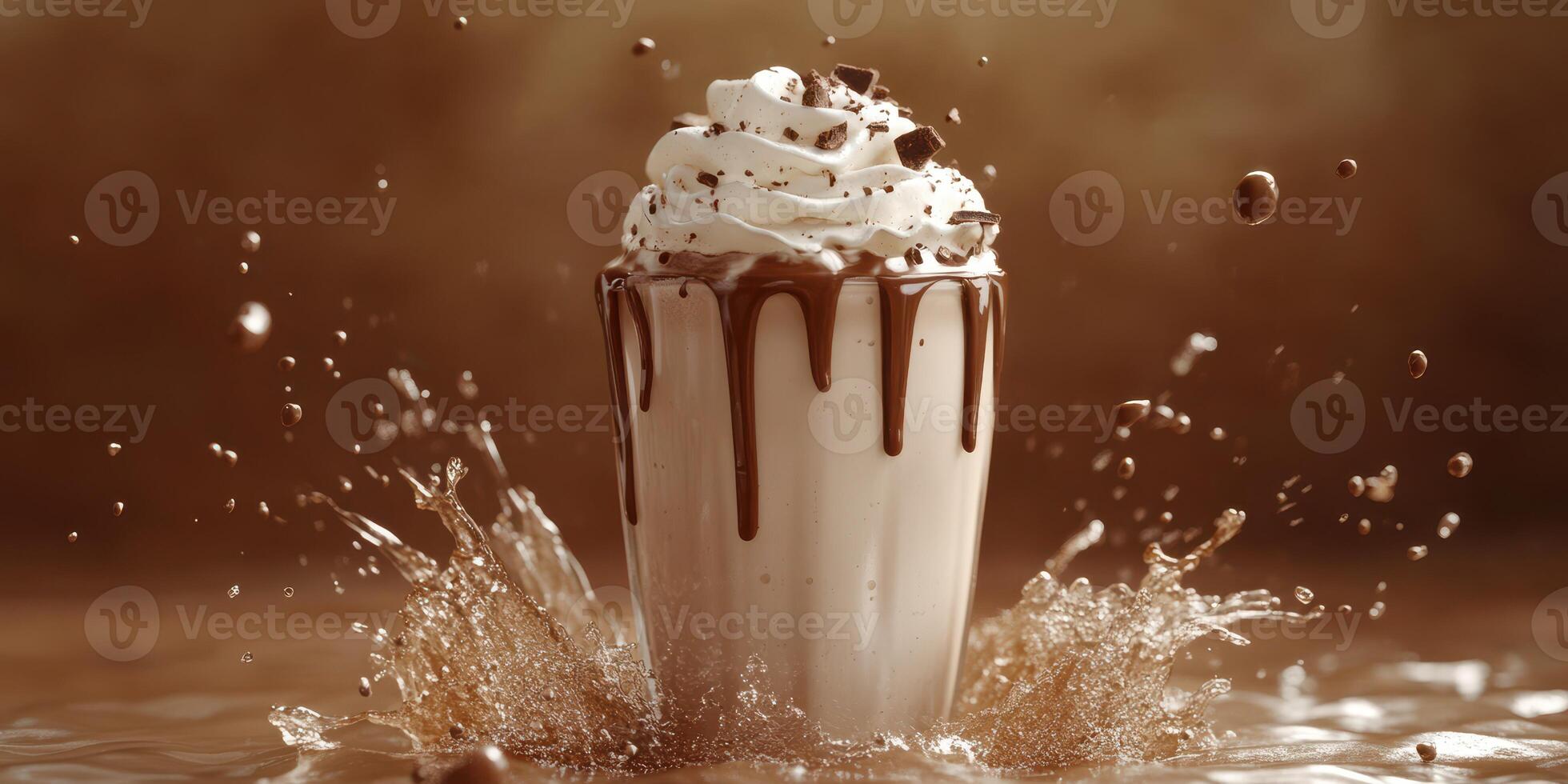 Indulgent chocolate milkshake splashes in a rich, creamy swirl beneath whipped cream and chocolate drizzle photo