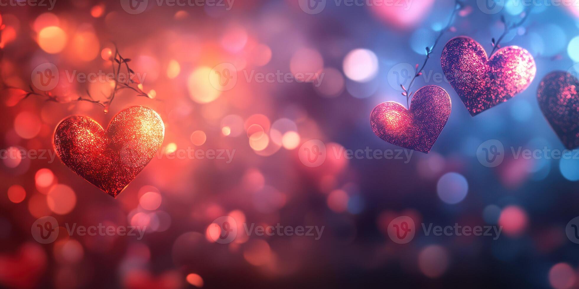 Vibrant hearts glimmer against a colorful background creating a romantic atmosphere for celebrations photo