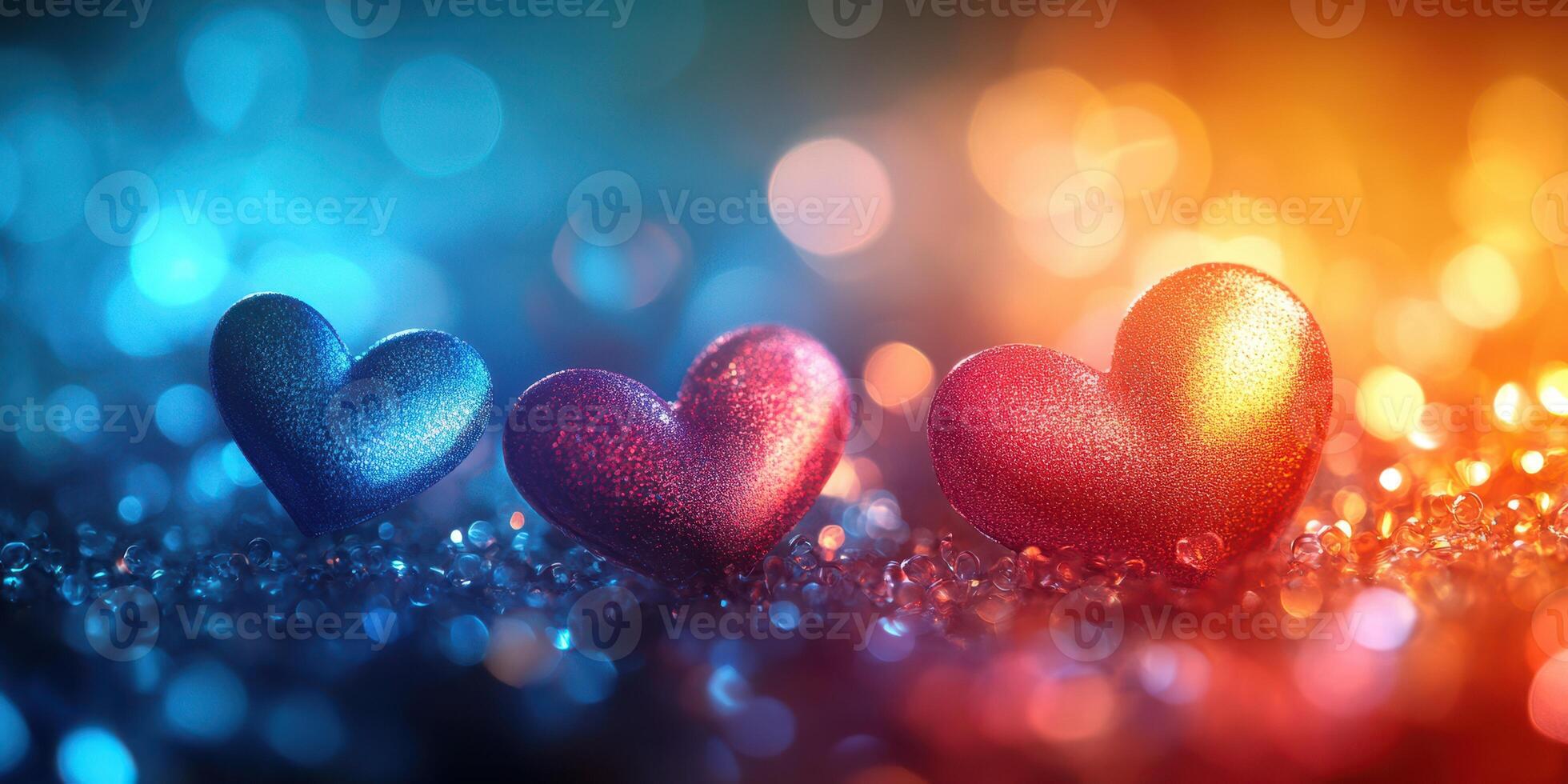 Colorful glitter hearts shine against a sparkling background with warm and cool tones during a festive atmosphere photo