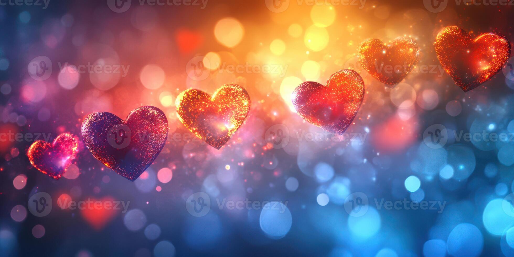 Colorful glowing hearts against a dreamy background of bokeh lights create a festive atmosphere for love and celebration photo