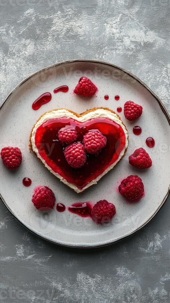 Heart-shaped dessert with raspberry sauce and fresh berries on a textured plate photo