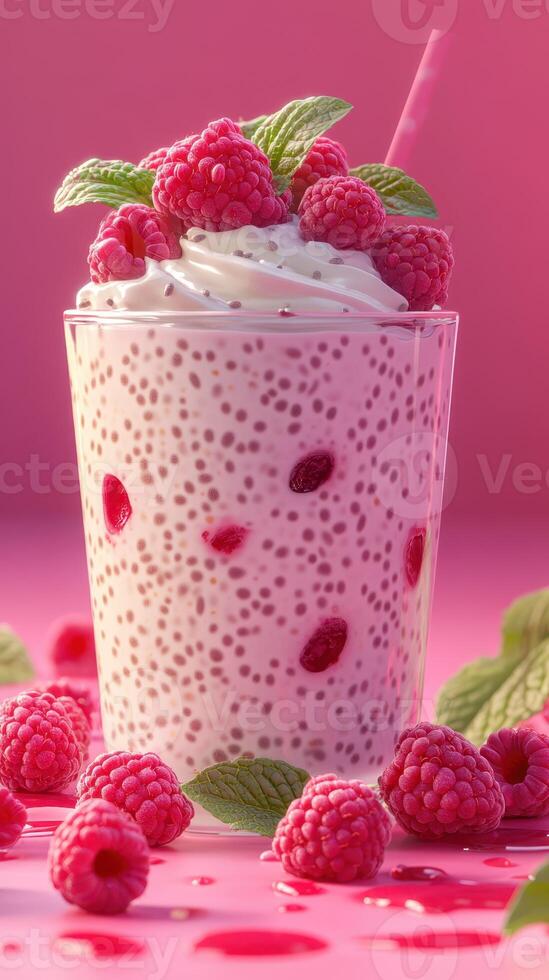 Refreshing raspberry drink with creamy texture and vibrant colors served in a clear glass photo