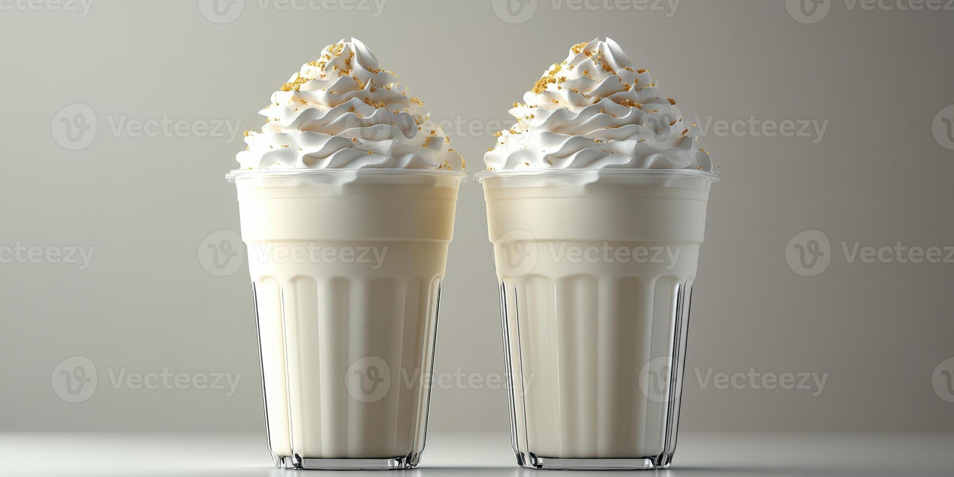 Creamy milkshakes topped with fluffy whipped cream and golden sprinkles on a neutral background in a modern setting photo