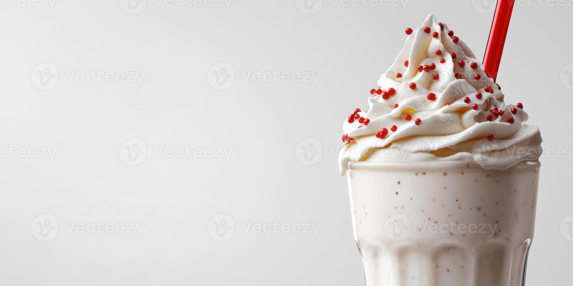 Creamy milkshake with whipped topping and red sprinkles served in a glass photo