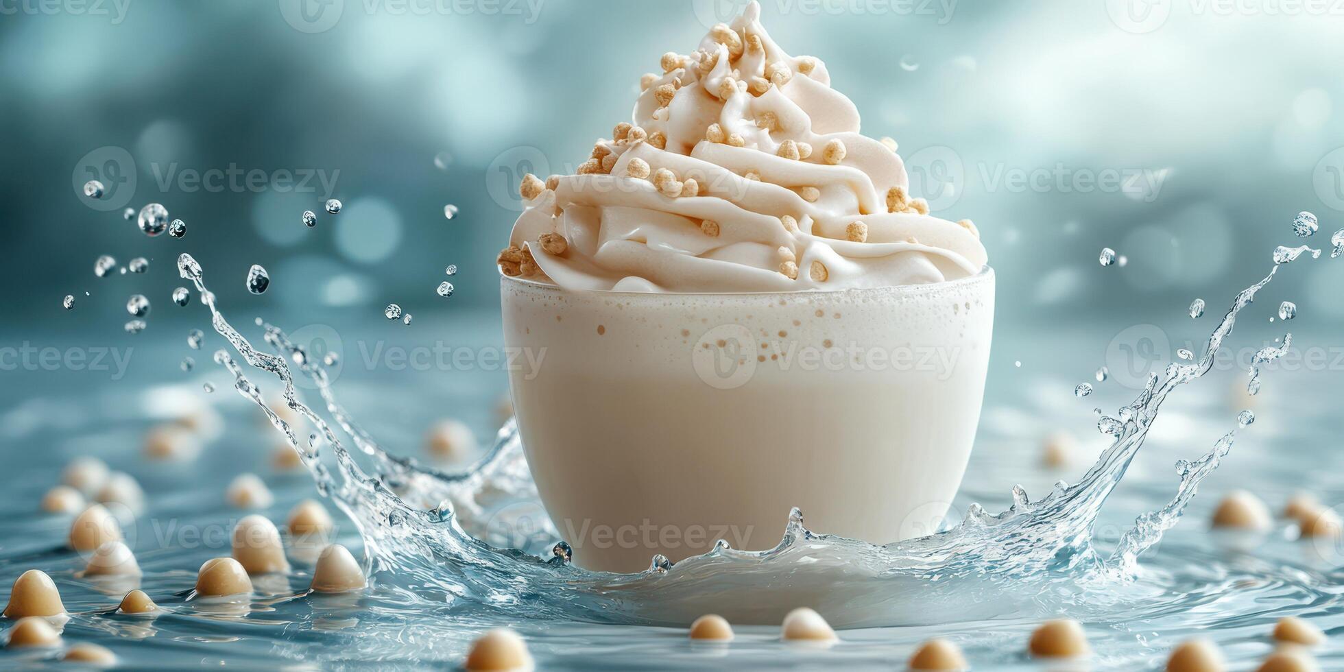 Creamy dessert in a bowl splashing water with nuts on top during a sunny day photo