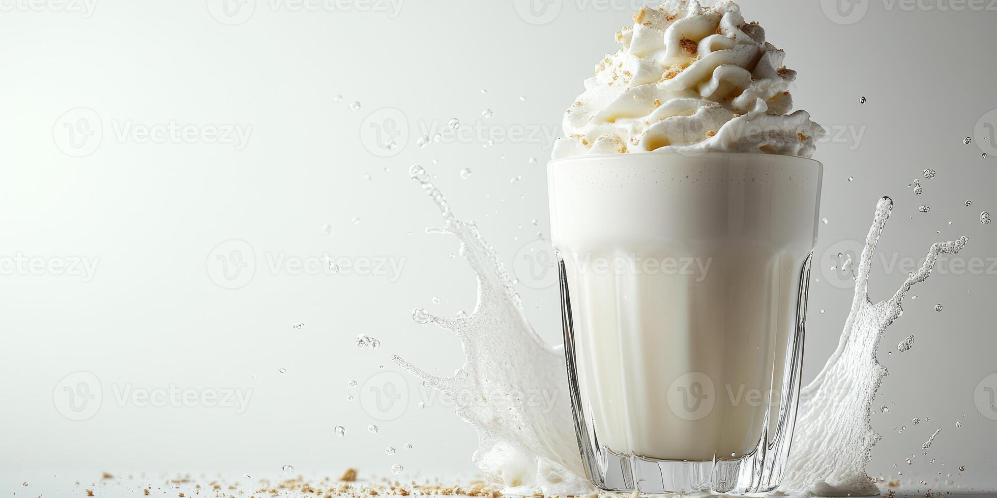 Creamy beverage with whipped topping splashing from a glass on a light background creates an artistic effect in the studio photo