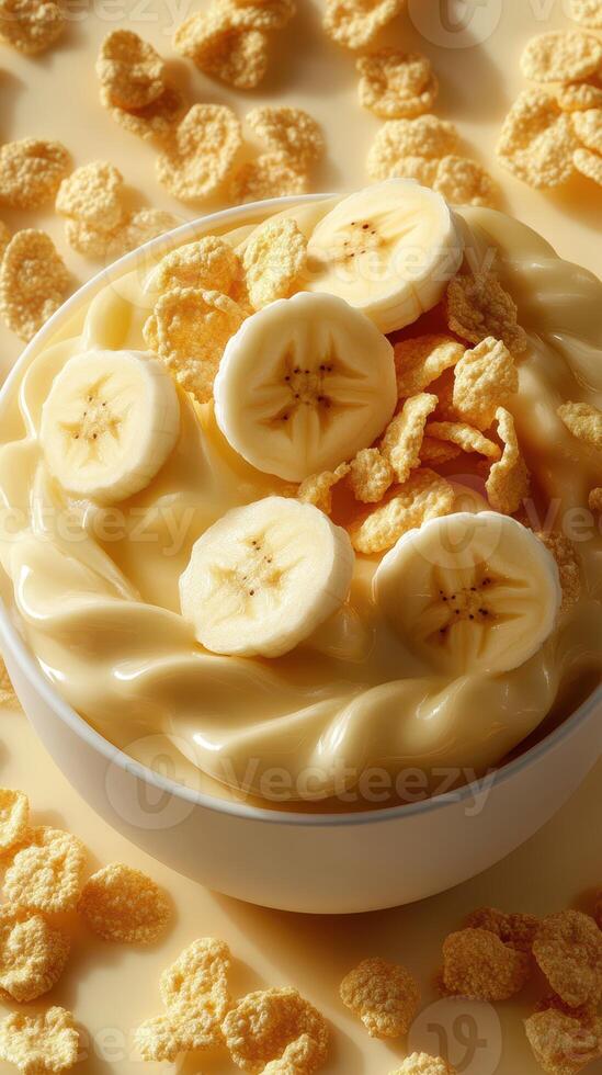 Delicious bowl of creamy dessert with banana slices and crunchy cereal on a light background photo
