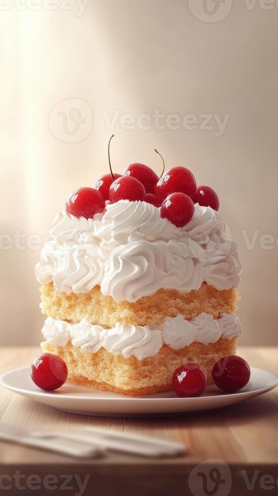 Delicious vanilla cake topped with cherries on a white plate in a softly lit kitchen setting photo