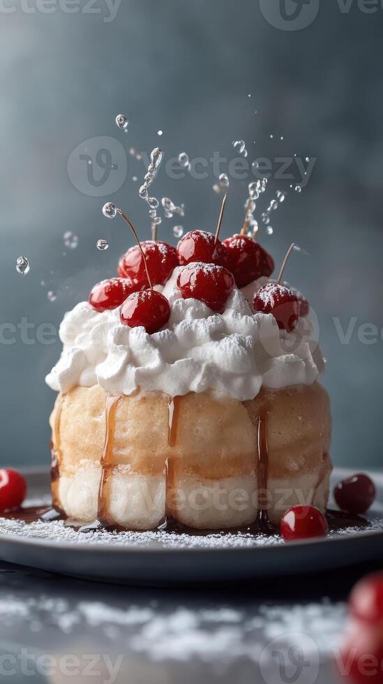 Chocolate cake topped with cherries and whipped cream with a drizzle of syrup in a delightful dessert presentation photo