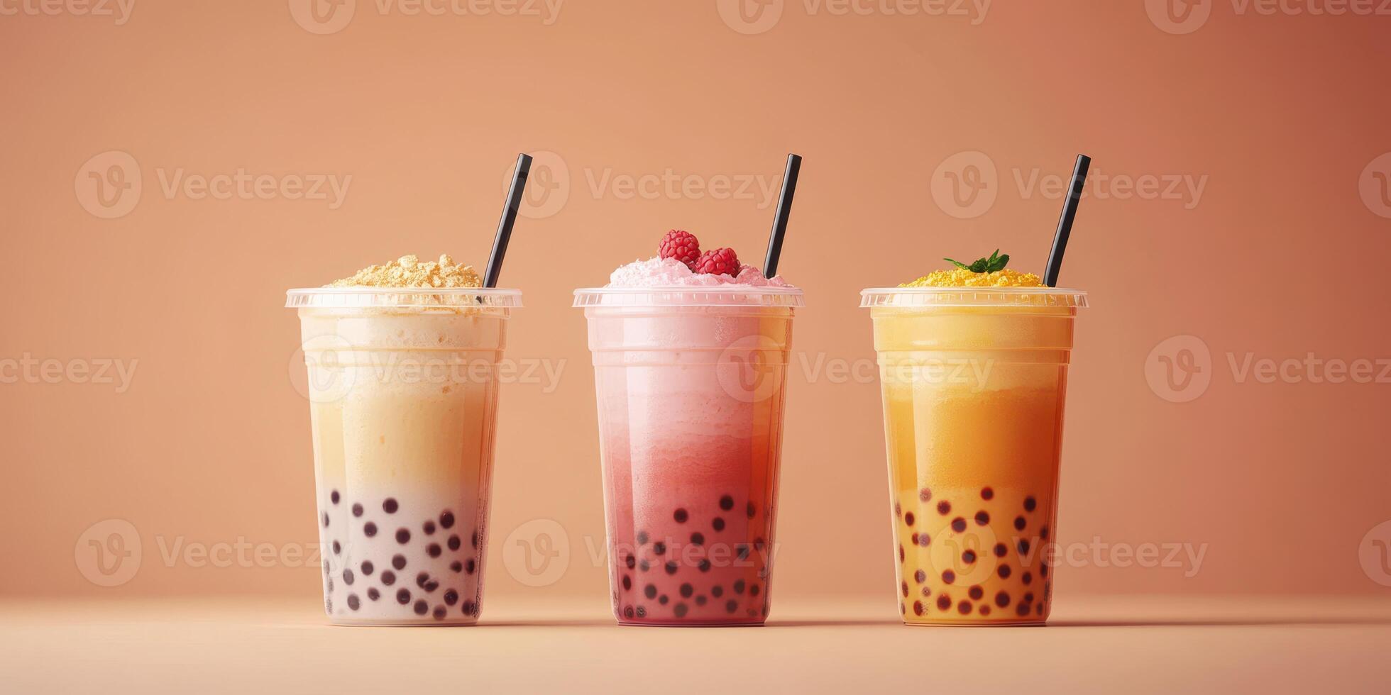 Colorful bubble tea drinks lined up against a simple backdrop showcasing different flavors and textures photo