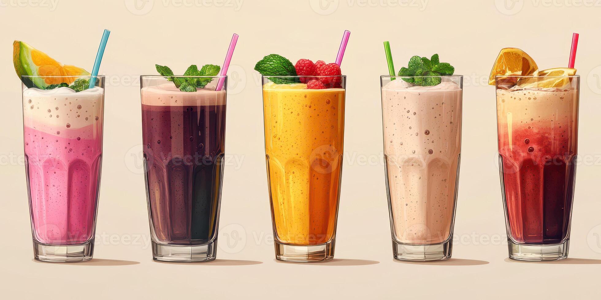 Colorful and refreshing fruit smoothies displayed in glasses at a summer gathering in a bright, cheerful setting photo