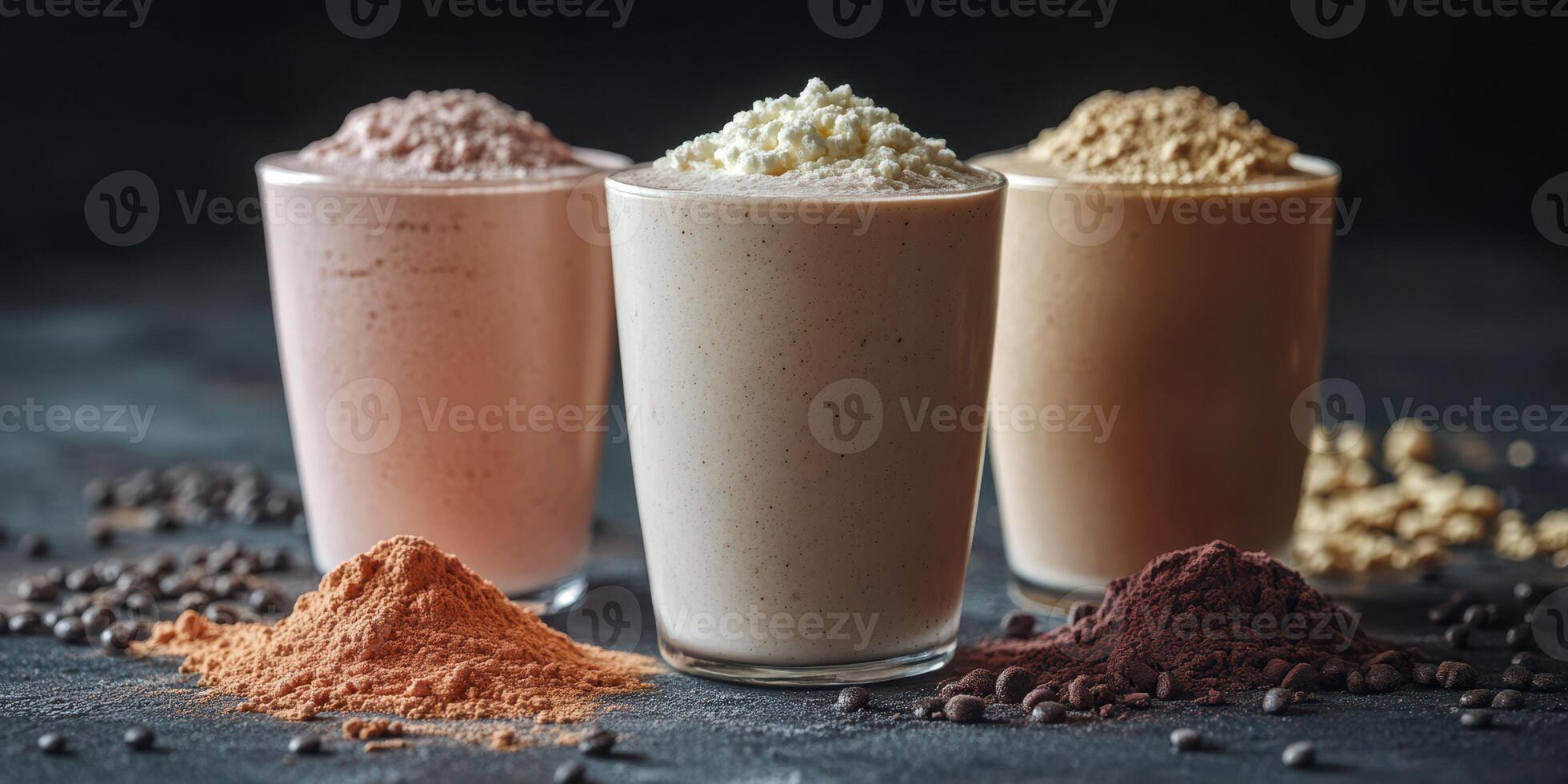 Variety of nourishing smoothies displayed with colorful powder ingredients on a dark backdrop photo