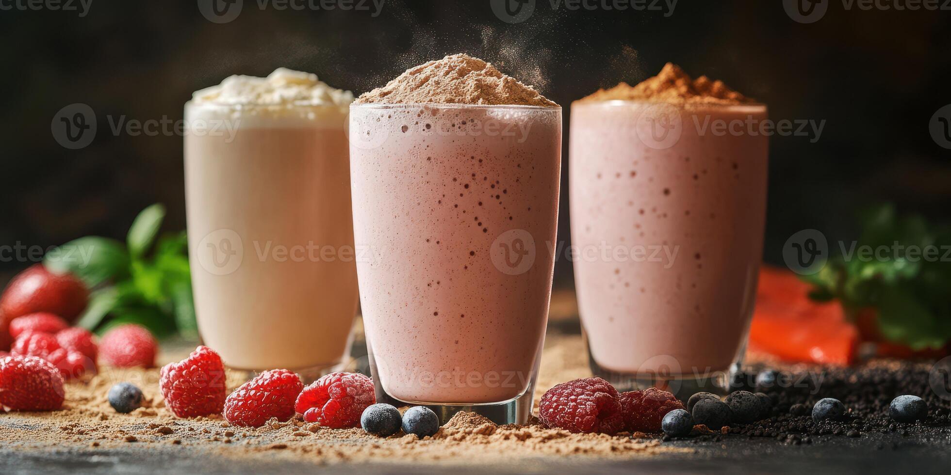 Delicious smoothies displayed on a rustic table with fresh berries and colorful ingredients in a cozy setting photo