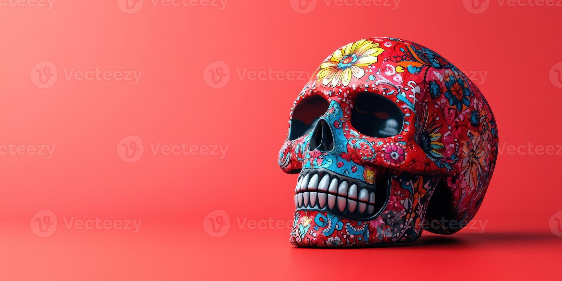 Colorful decorated skull displaying intricate floral patterns against a vibrant red background photo