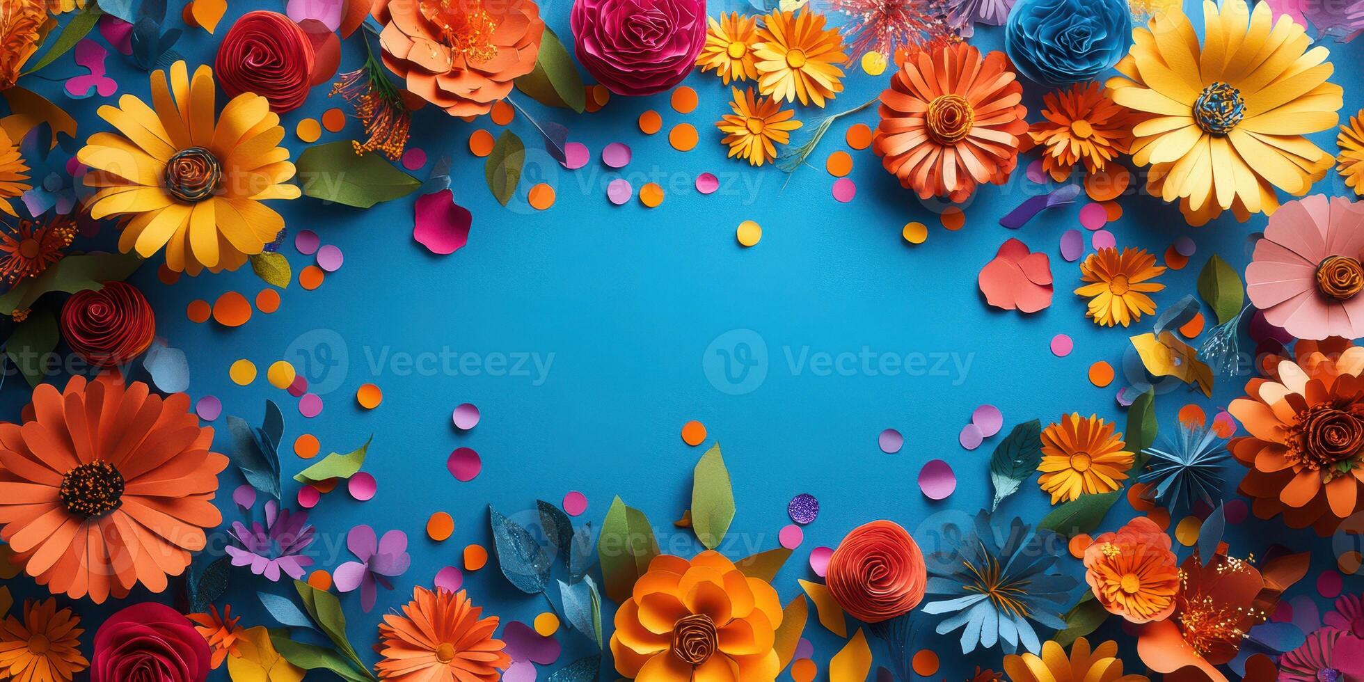 Colorful paper flowers create a vibrant backdrop for spring-themed decorations and creative projects photo