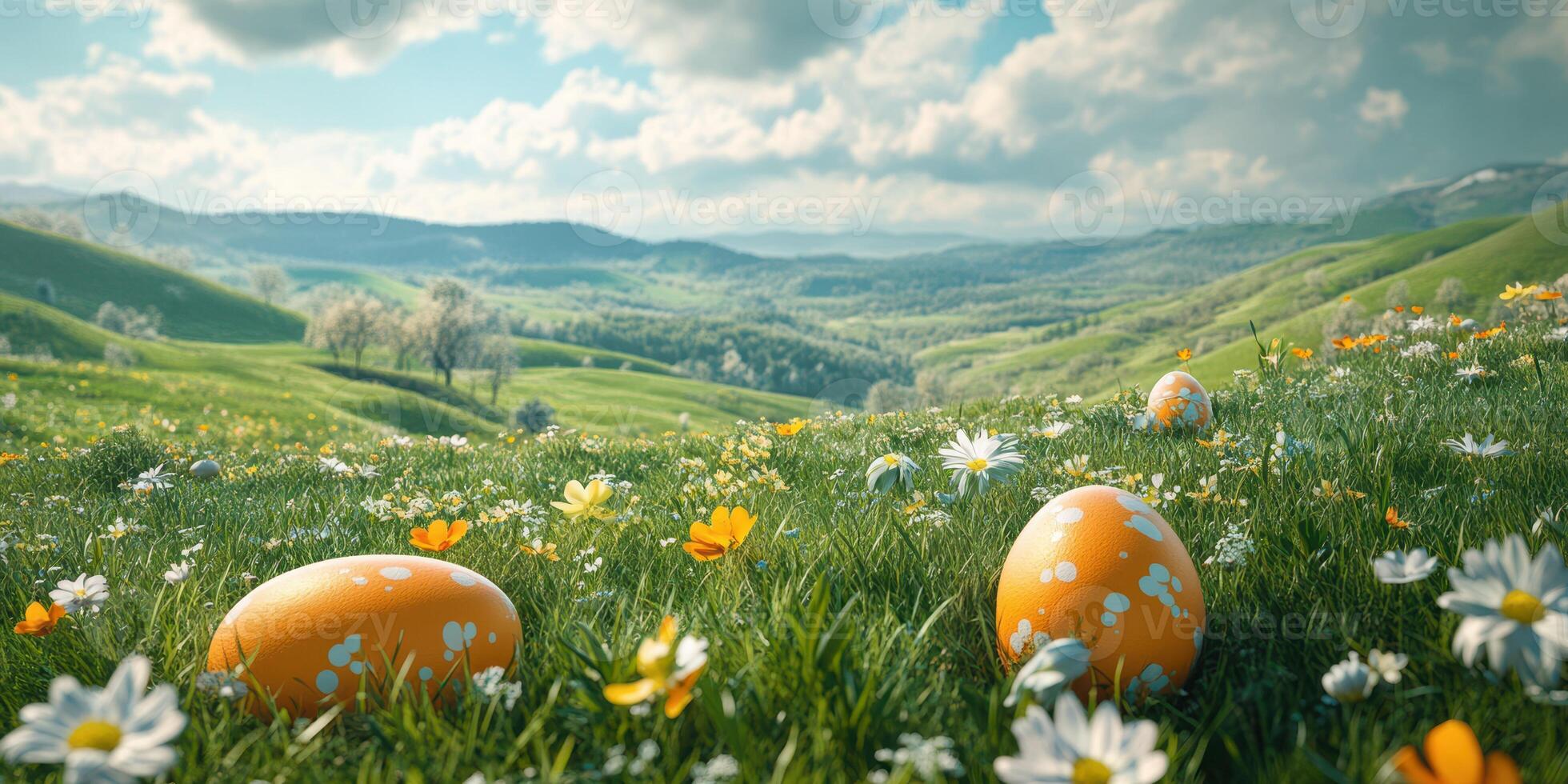 Colorful Easter eggs resting on green grass surrounded by wildflowers under a bright sky in a serene landscape photo