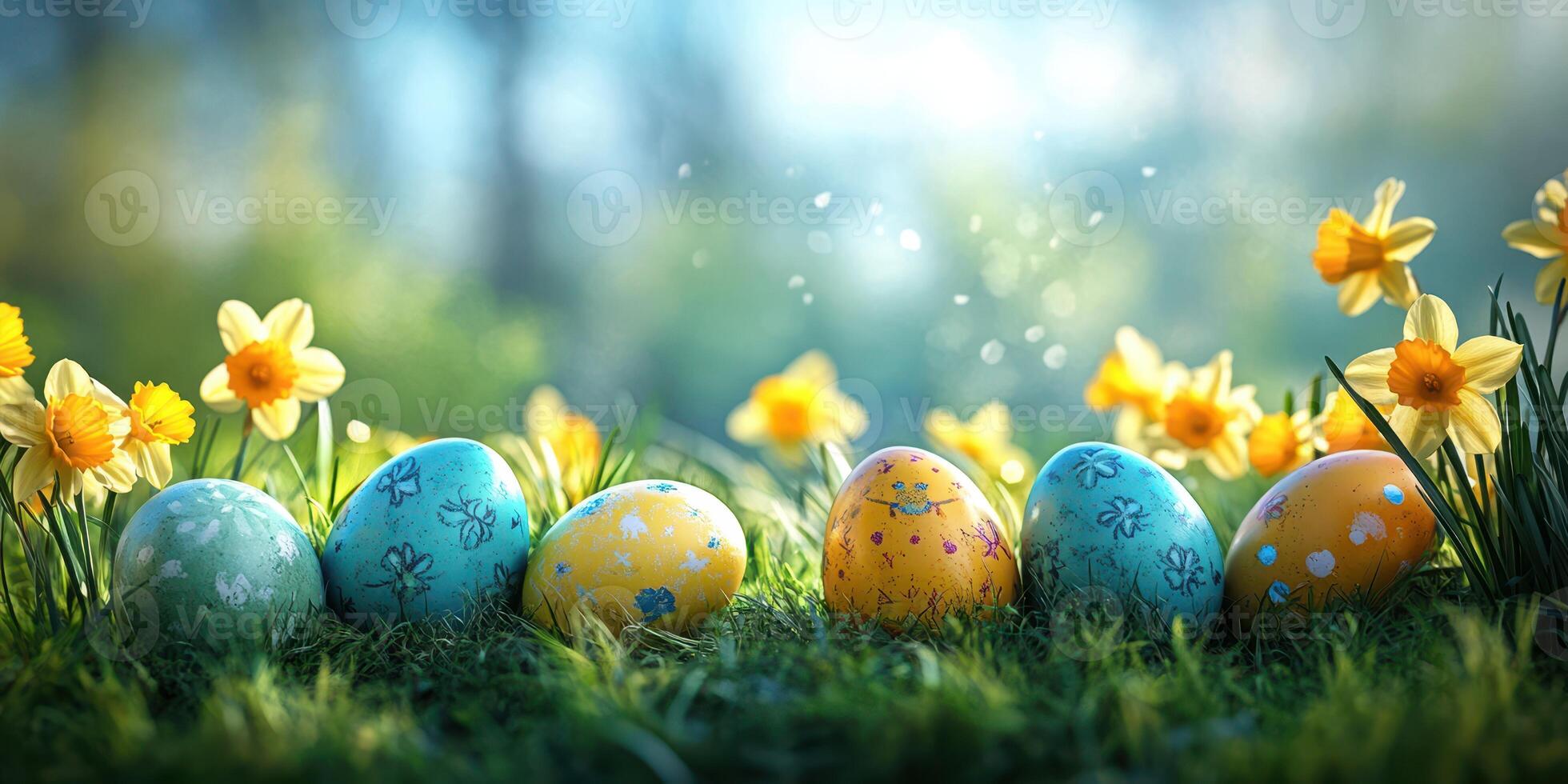 Colorful decorated Easter eggs arranged in a sunny meadow surrounded by blooming daffodils on a bright spring day photo