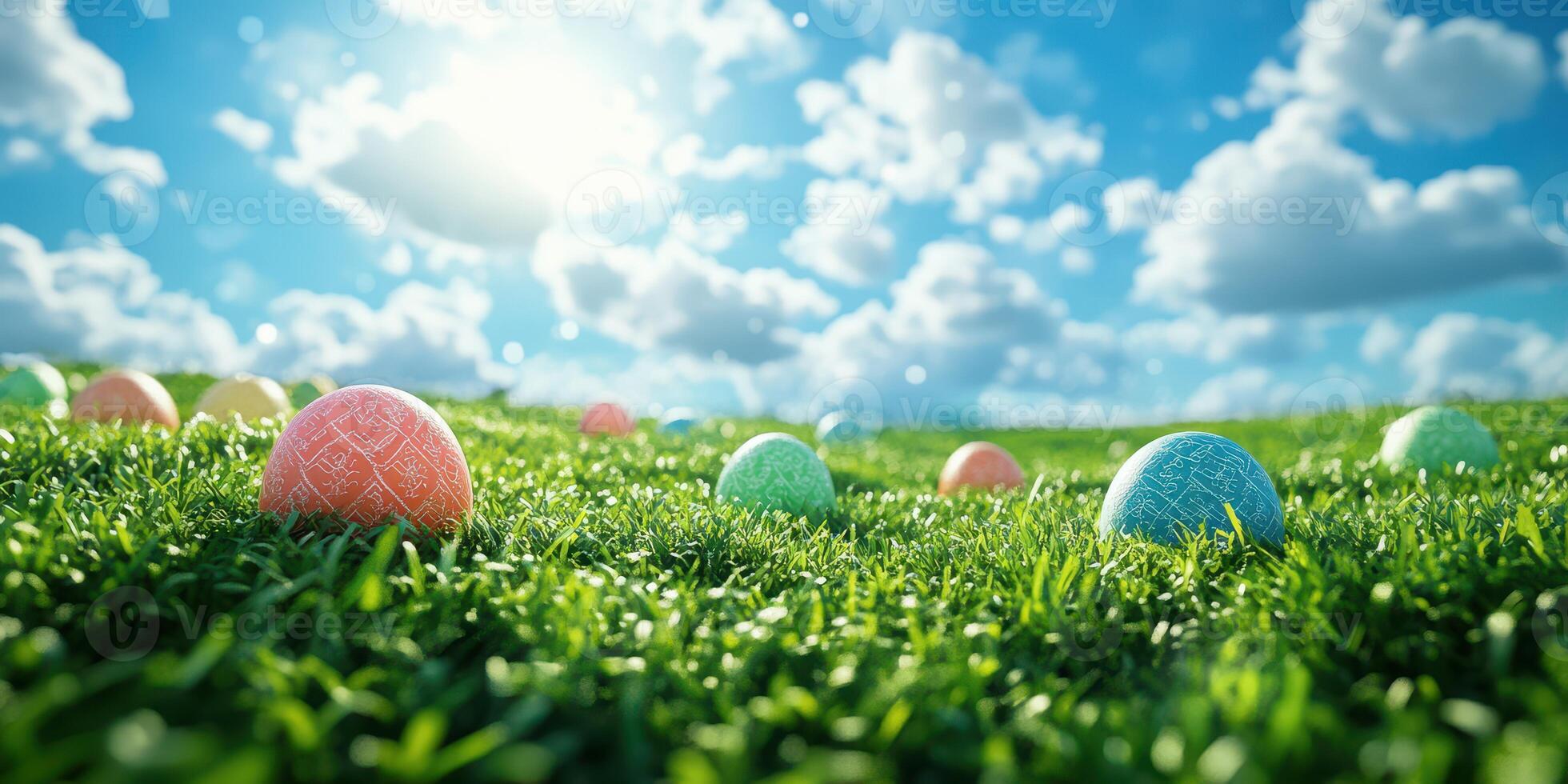 Colorful Easter eggs hidden in lush green grass under a bright sky with fluffy clouds photo