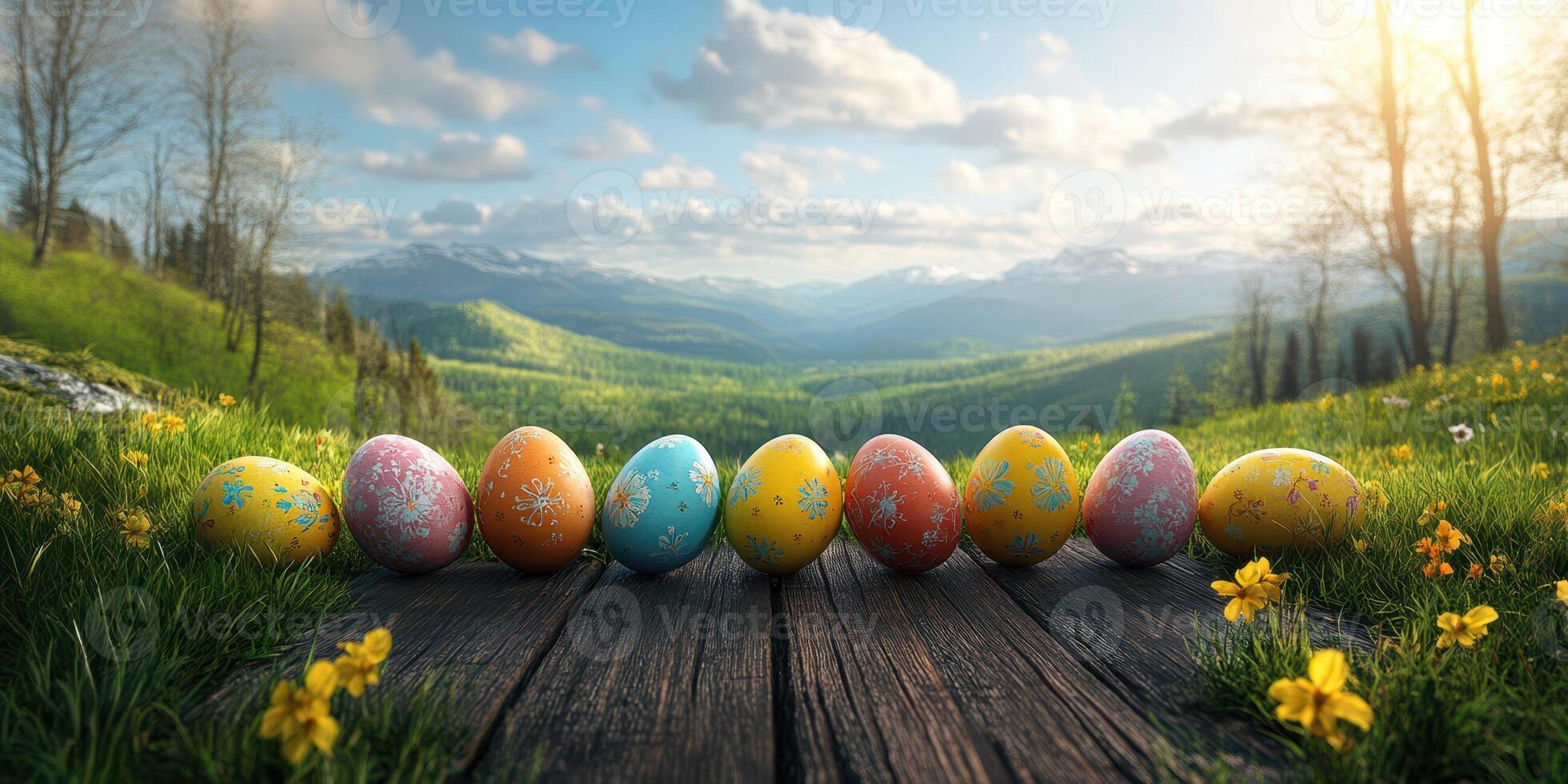 Colorful Easter eggs lined up on wooden surface in a scenic mountain landscape during sunny spring day photo