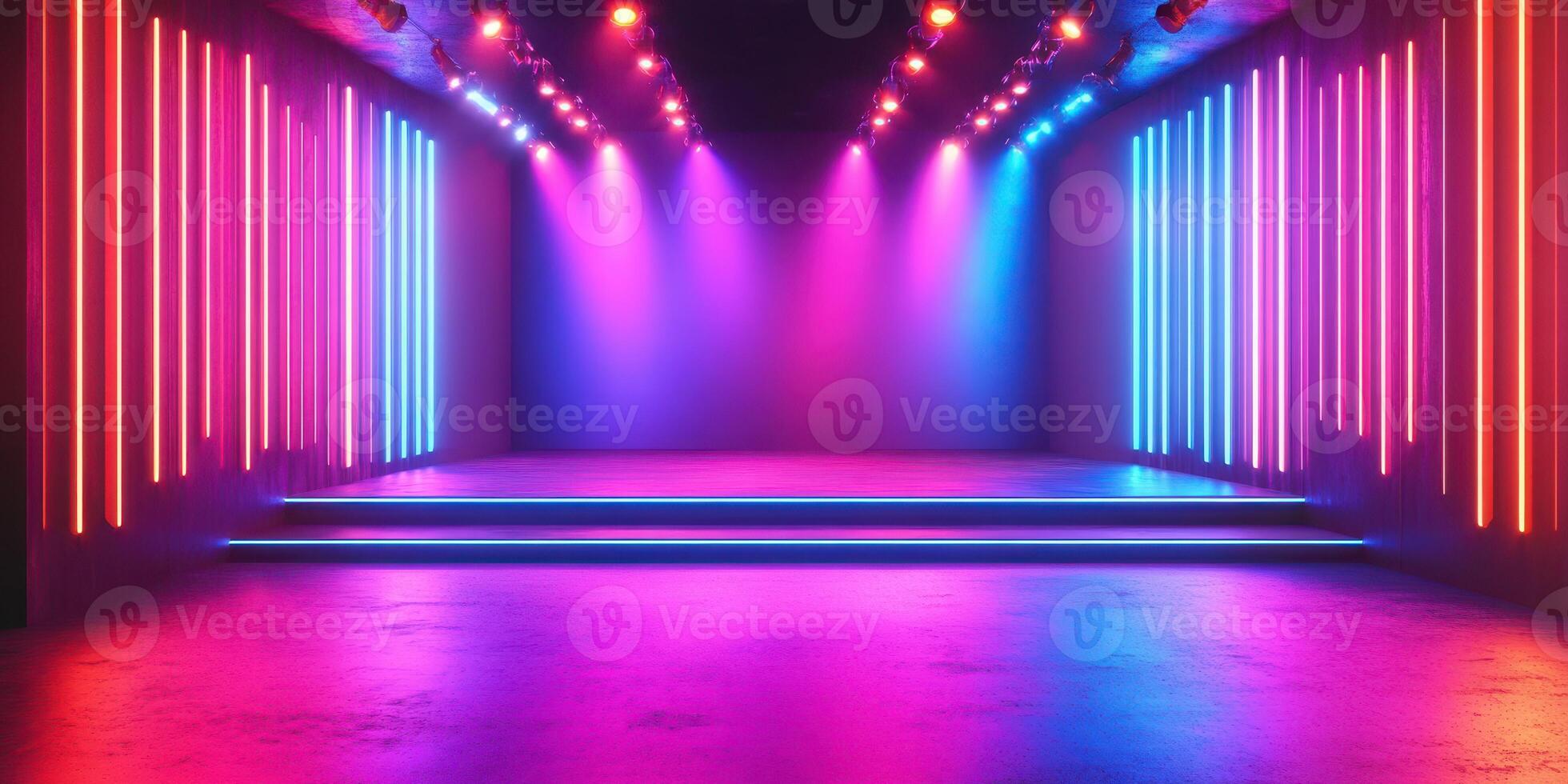 Vibrant stage with neon lights ready for performance in an art venue at night photo