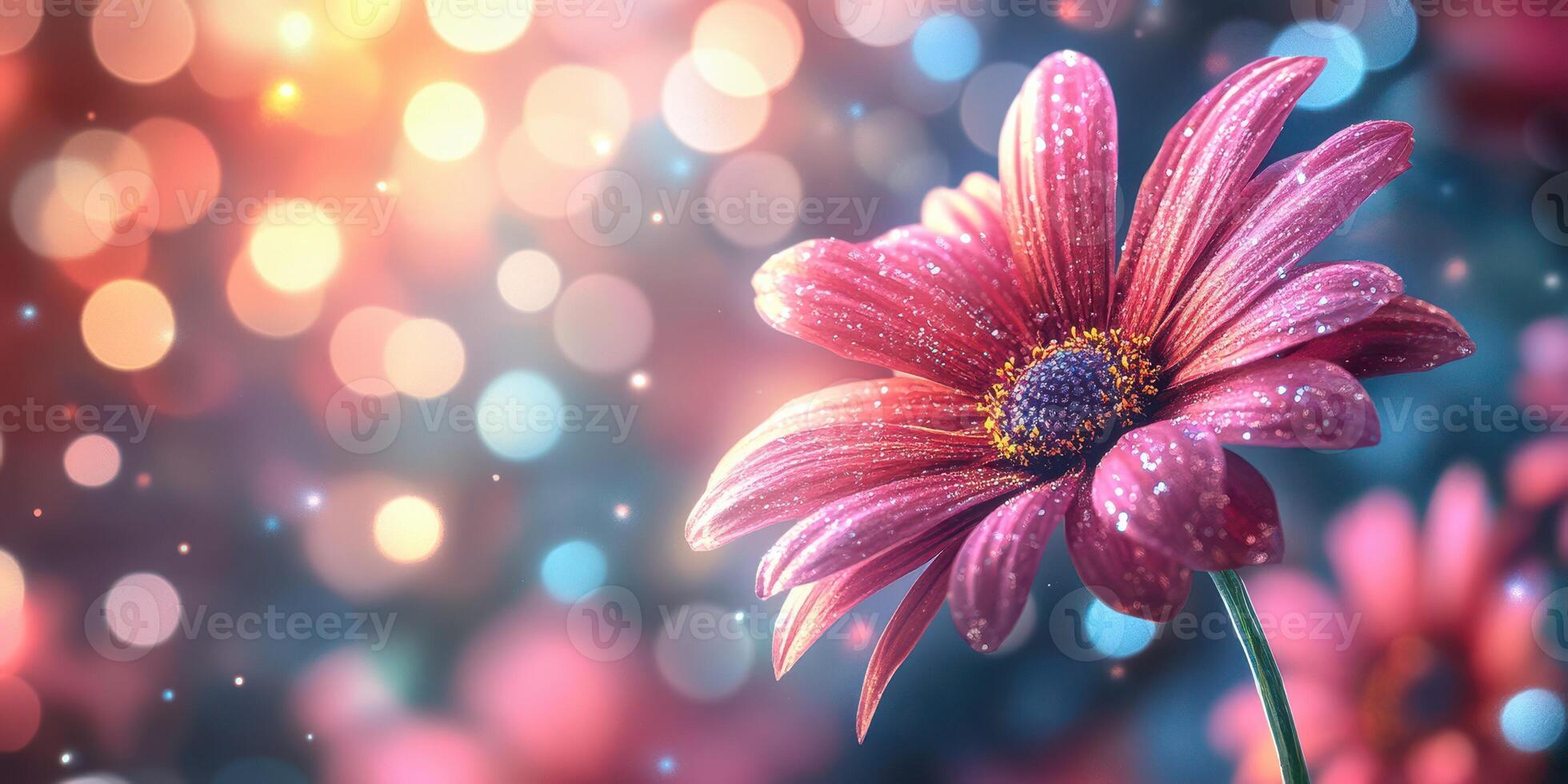 Vibrant pink flower stands out with shimmering droplets against a colorful bokeh background during a sunny day photo