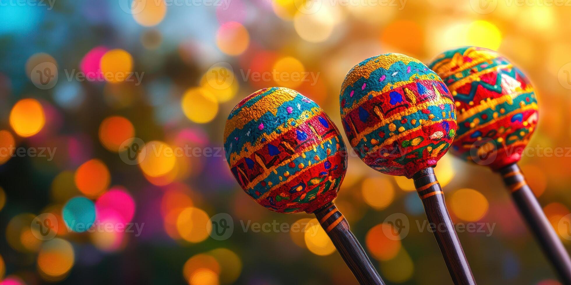 Vibrant maracas rest against a blurred background of colorful lights during a festive celebration photo
