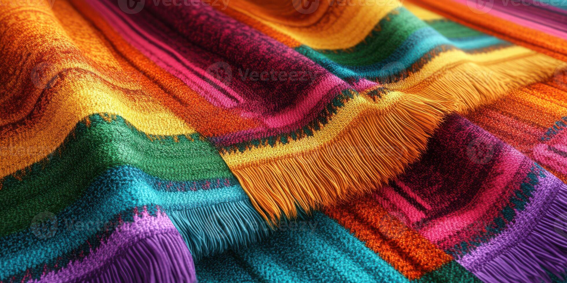 Vibrant woven blanket with colorful patterns displayed on a flat surface photo