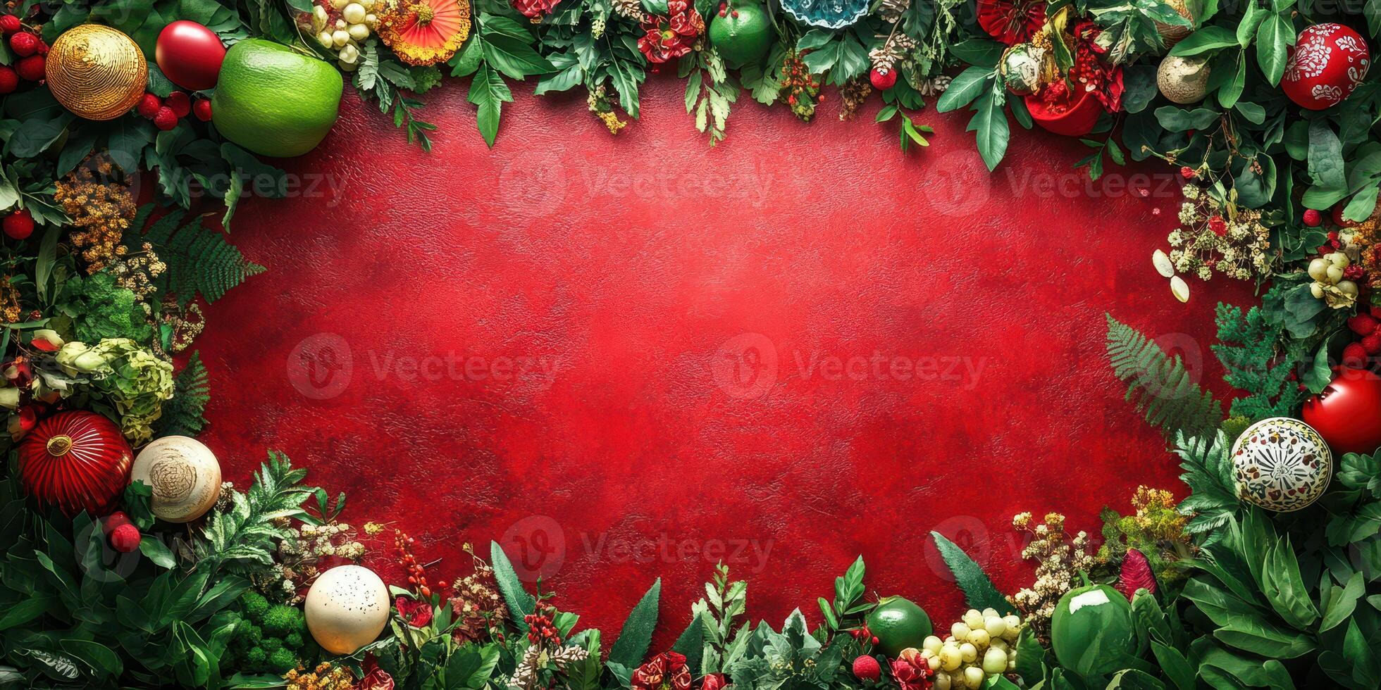 Festive holiday decor with vibrant greenery and ornaments arranged on a bold red background for seasonal celebrations photo