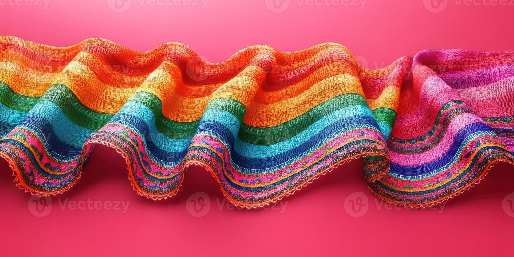 Colorful textile draped elegantly against a vibrant pink backdrop showcases traditional patterns and craftsmanship from a rich cultural heritage photo