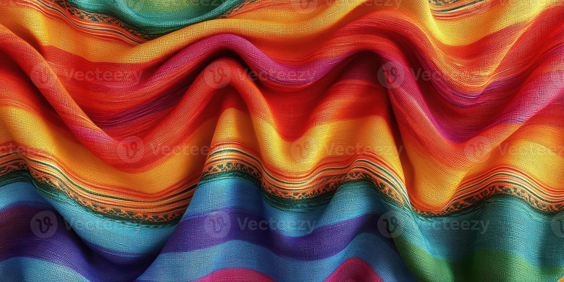 Brightly colored textile fabric drapes with vibrant patterns from cultural heritage photo