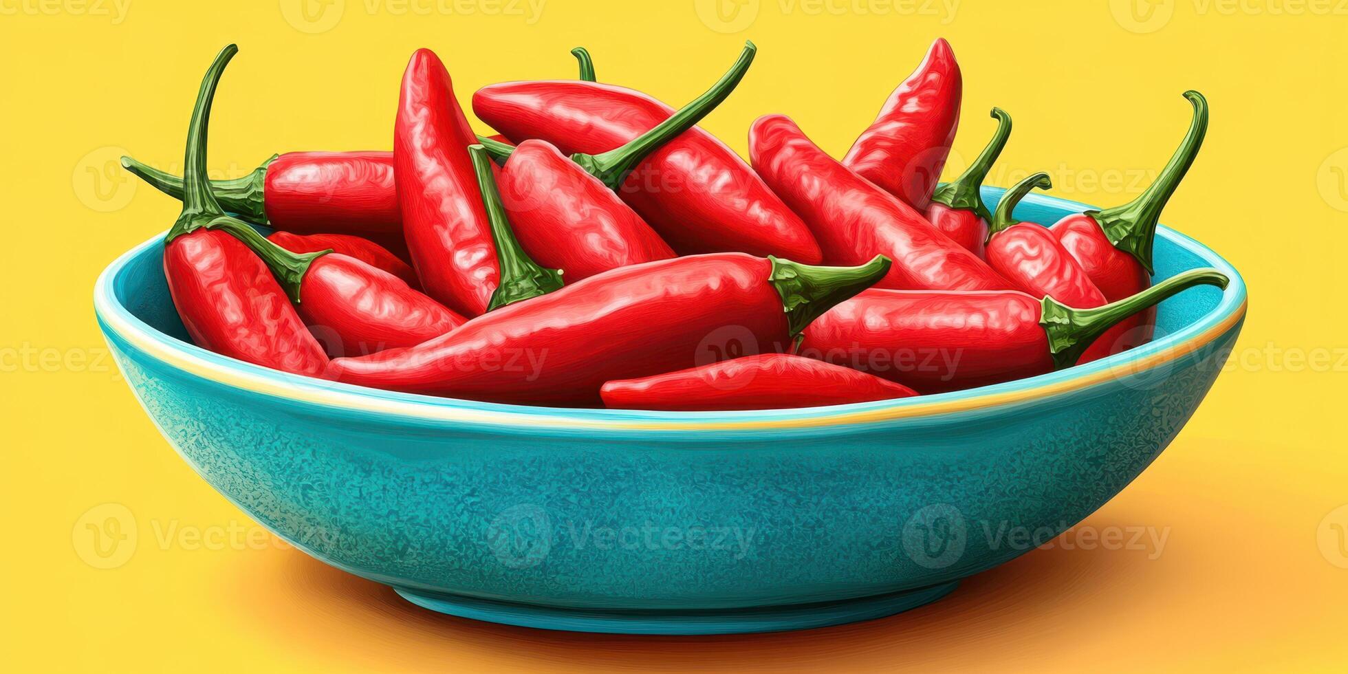 Bright red chilies in a turquoise bowl on a yellow background showcasing fresh produce for culinary use photo