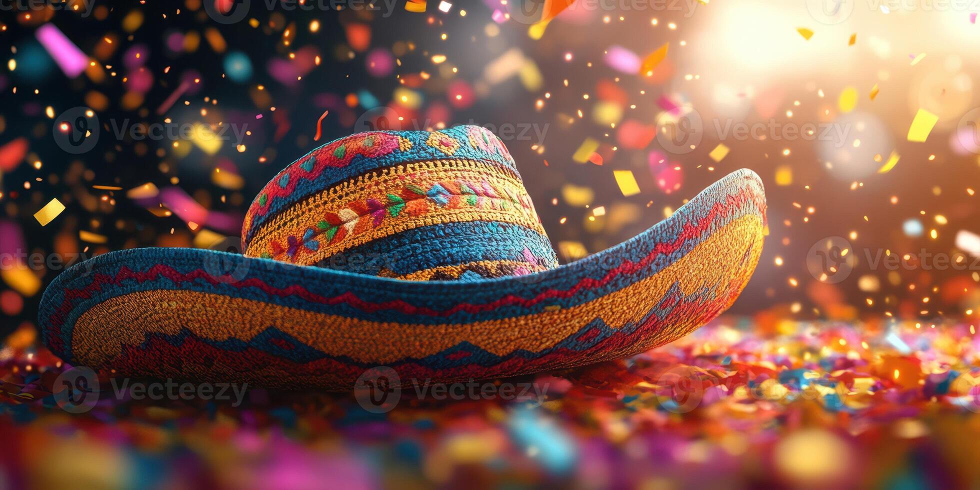 Celebrate with a colorful sombrero surrounded by confetti and festive lights at a lively party atmosphere photo