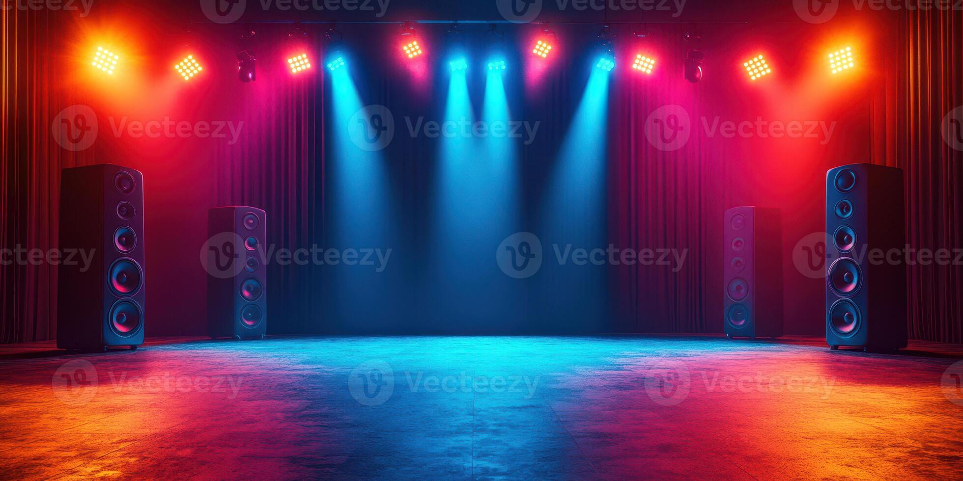 Vibrant concert stage setup with colorful lighting and speakers in a performance venue photo