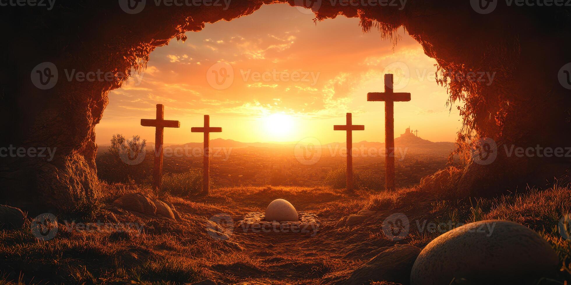 Sunrise illuminates crosses at a serene burial site in the mountains during a peaceful early morning photo