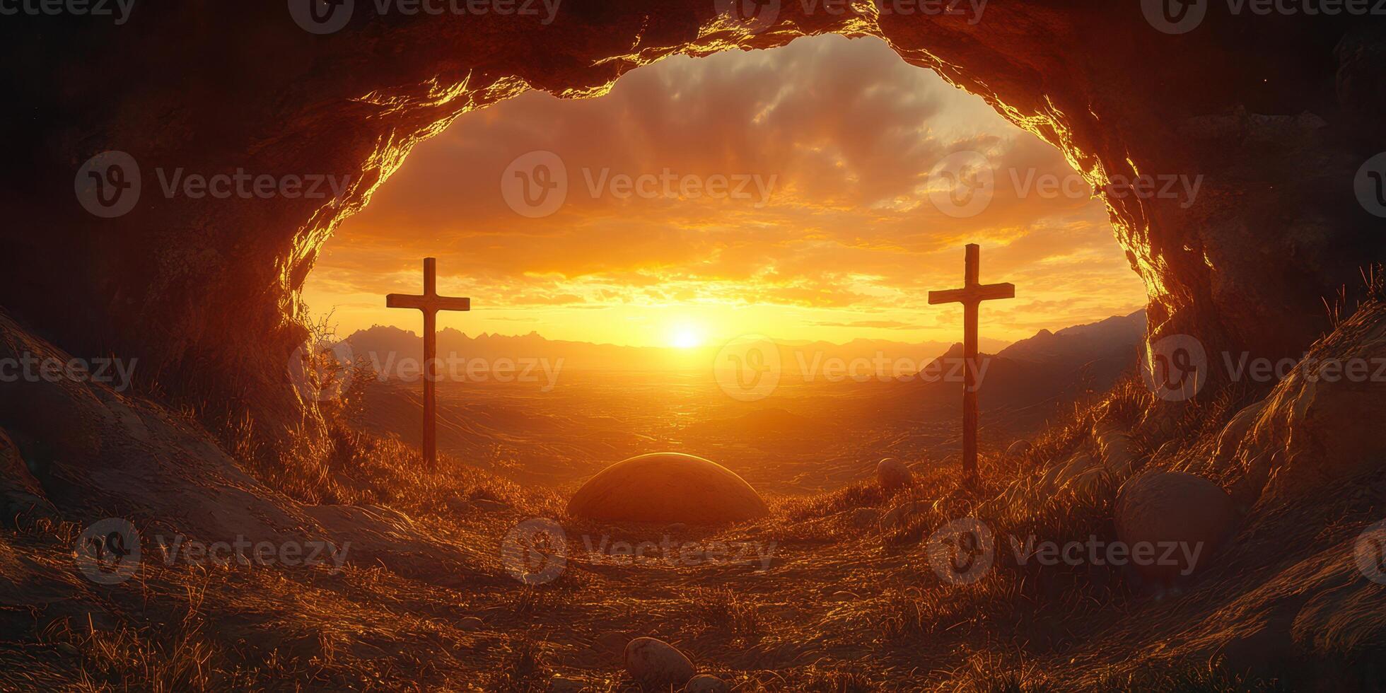 Sunset view from a cave with two crosses overlooking a serene landscape during golden hour photo