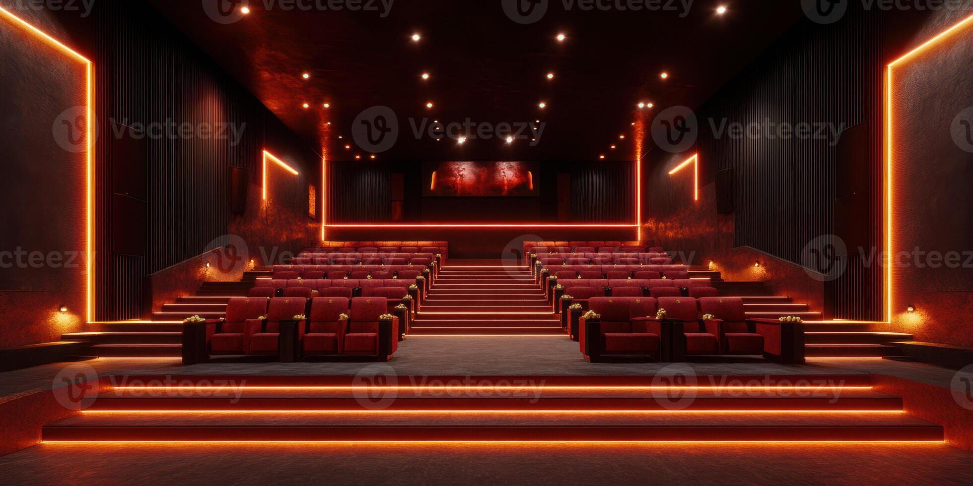 Modern cinema hall with vibrant lighting and comfortable seating designed for an immersive movie experience photo