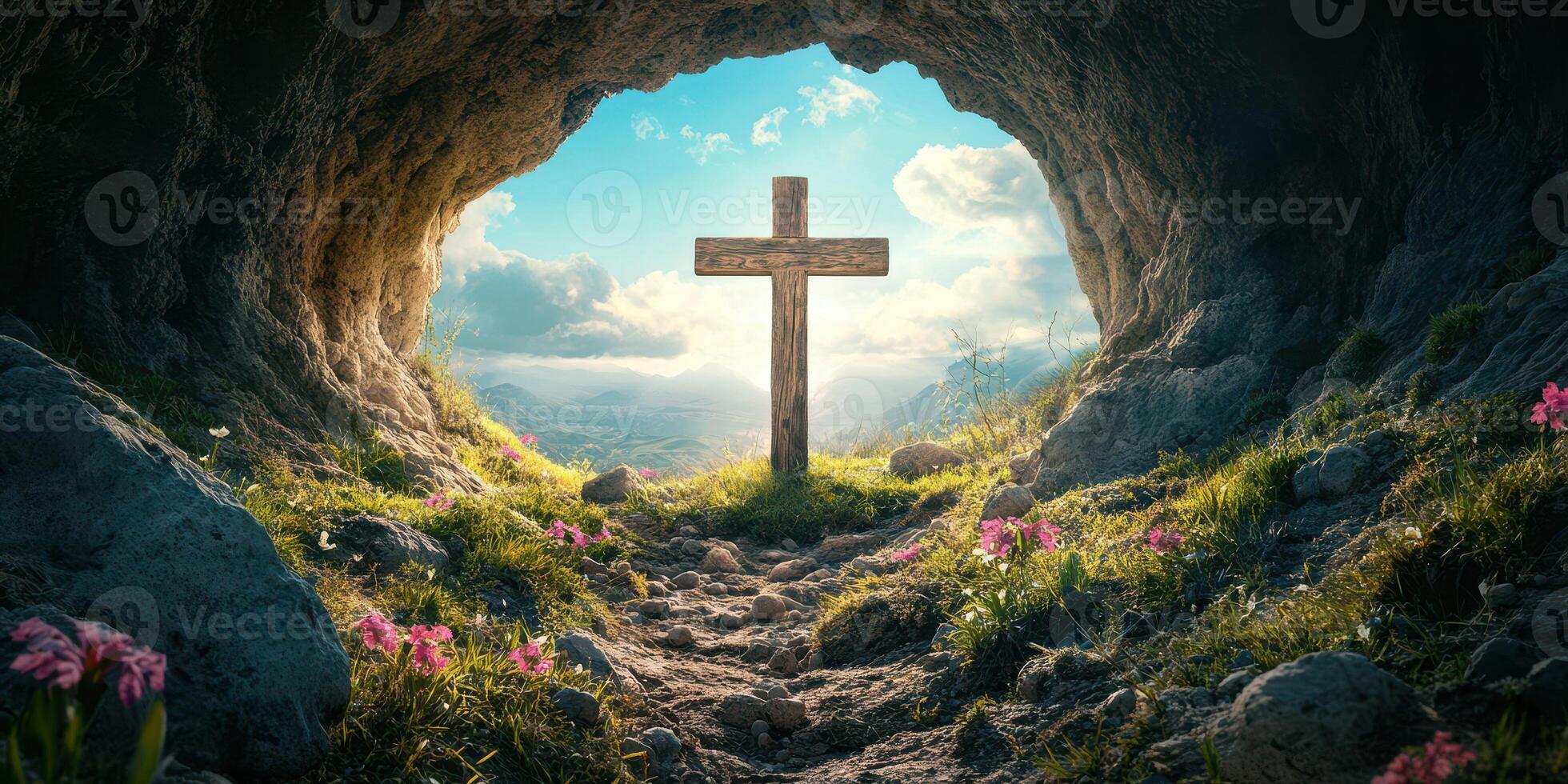 Cross standing in a serene cave surrounded by blooming flowers and bright sky photo