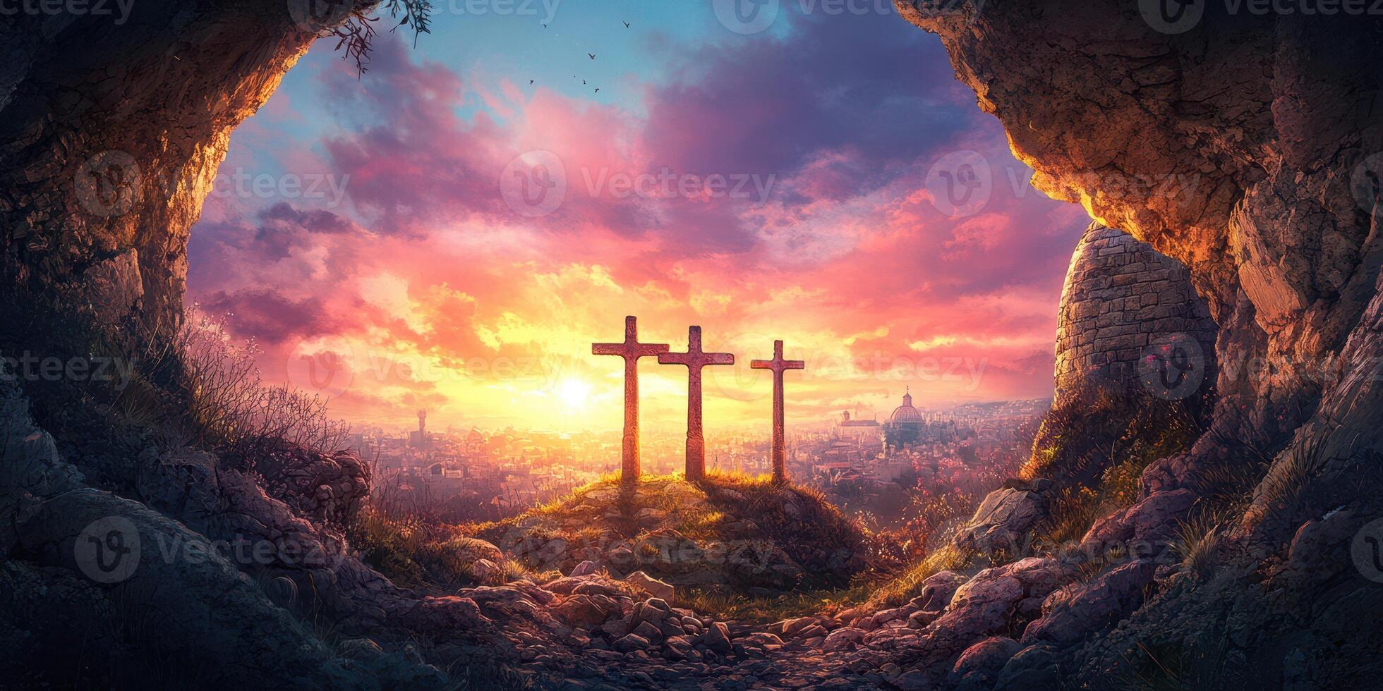 Sunset view of three crosses on a hillside with a vibrant sky overlooking a distant city photo