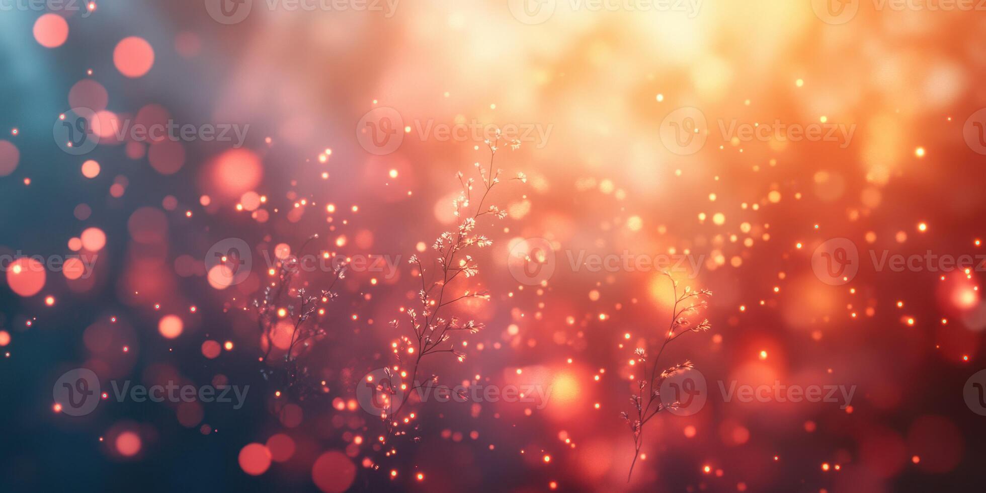 Colorful bokeh lights create a magical atmosphere with tiny flowers in a dreamy background during twilight hours photo