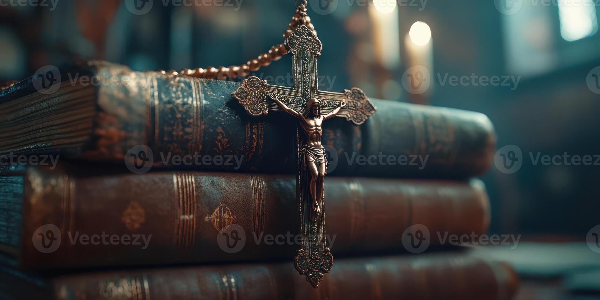 Crucifix resting on old leather-bound books in dimly lit library with warm ambiance photo