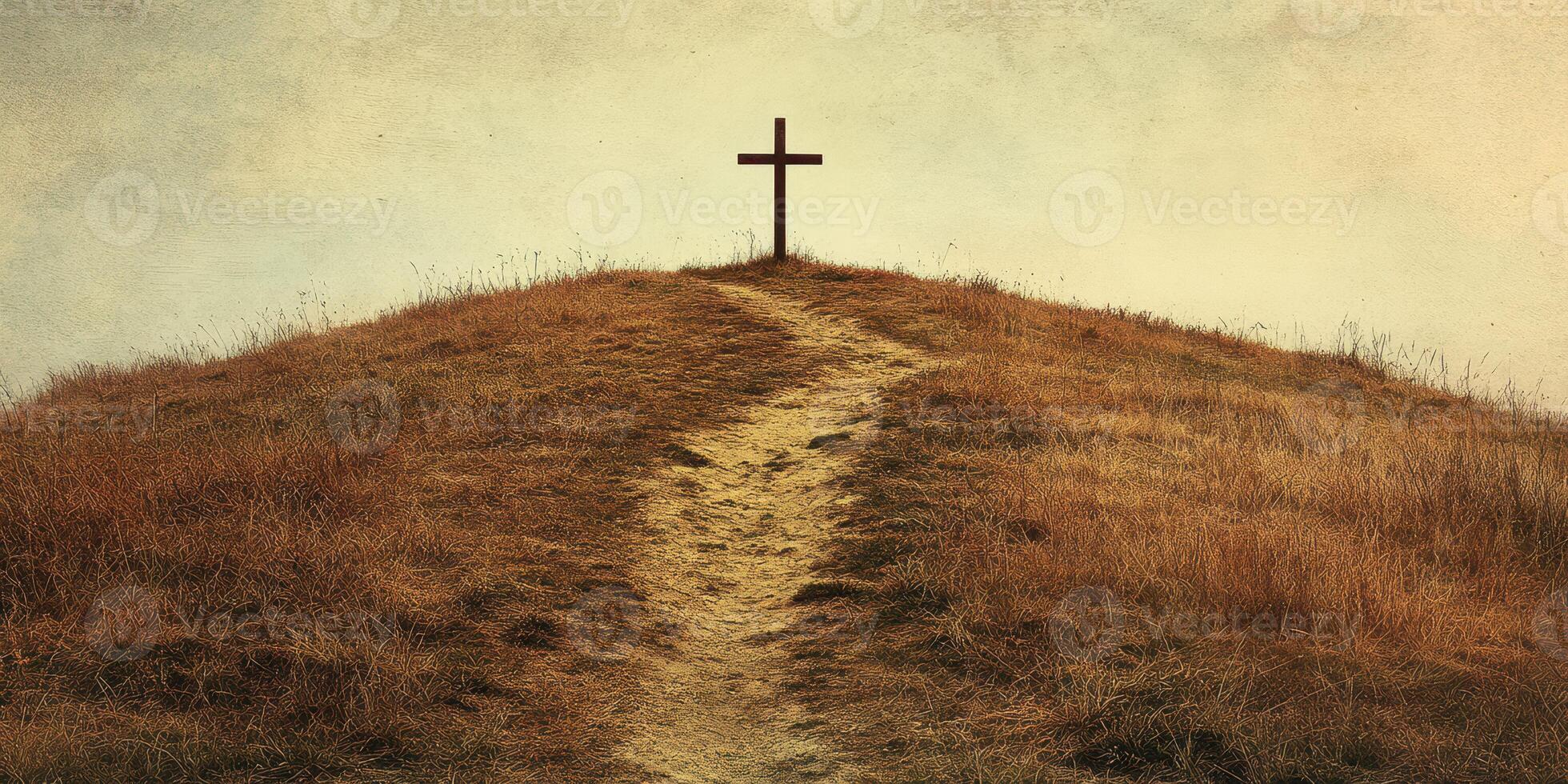 Cross at the top of a hill surrounded by golden grass under a cloudy sky creates a serene atmosphere for reflection and peace photo