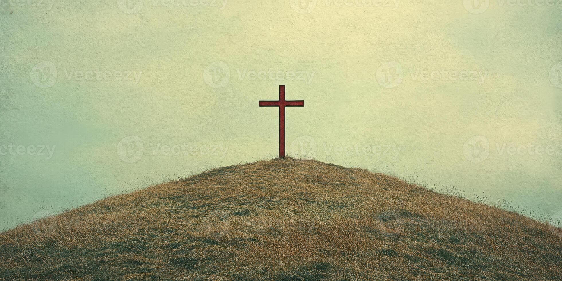 Cross stands prominently on a grassy hill under a cloudy sky at dusk creating a peaceful and reflective atmosphere photo