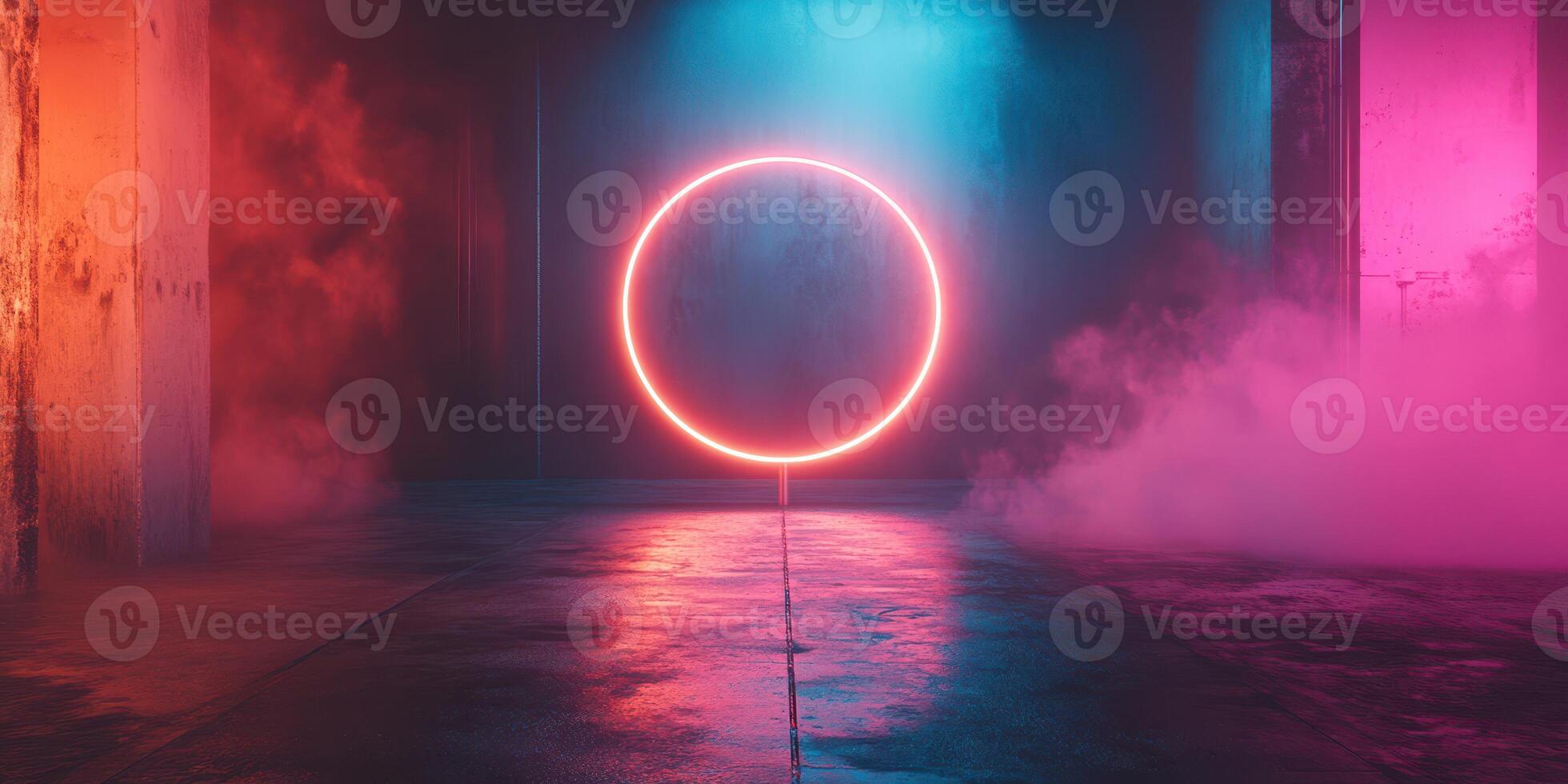 Neon ring illuminated in vibrant colors creates a captivating atmosphere in an empty urban space at night photo