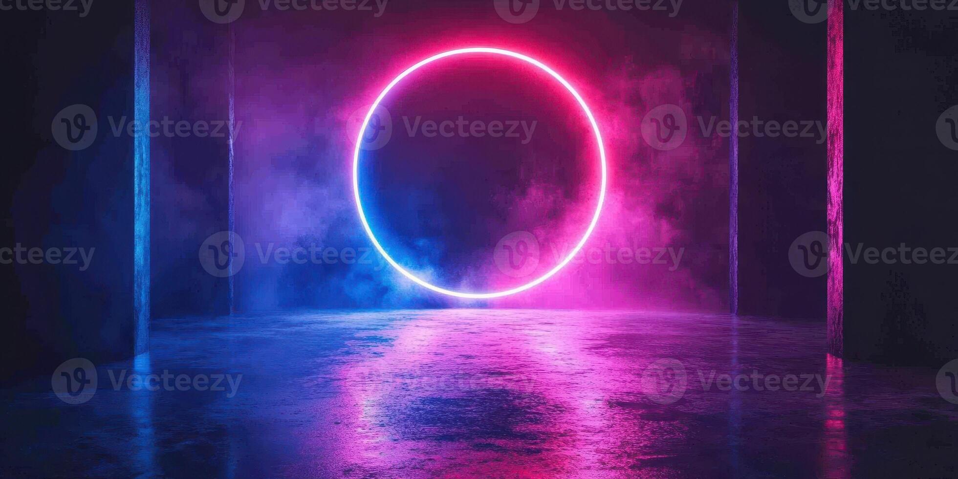 Glowing neon circle illuminates a dark corridor with colorful mist during a nighttime event photo